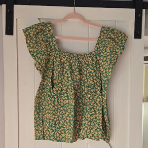 Ces Femme Green Floral Square-Neck Flutter Sleeve Blouse